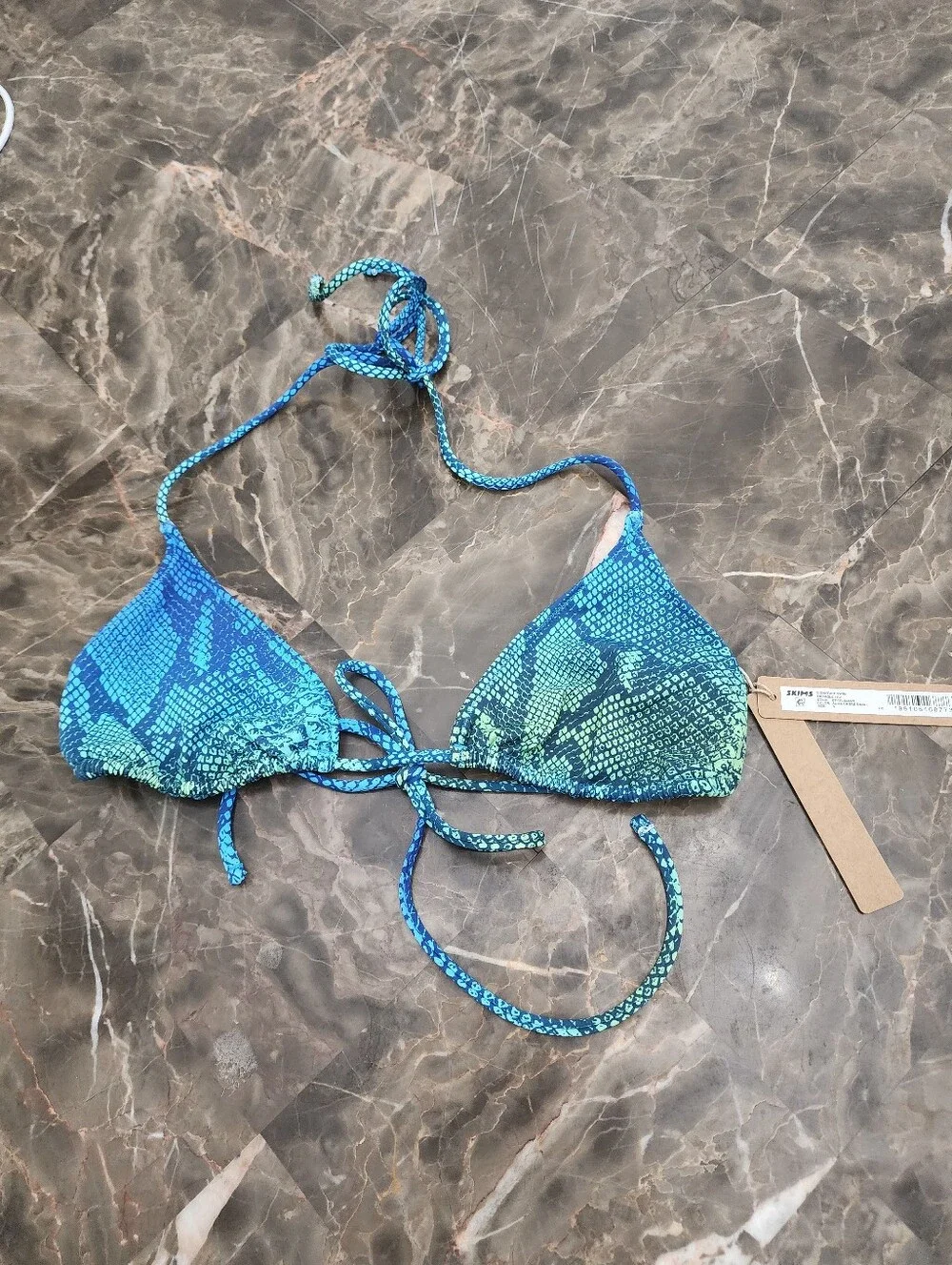 SKIMS NWT Signature Swim Triangle Top AND Thong SET Size SMALL Tide Blue & Snake
